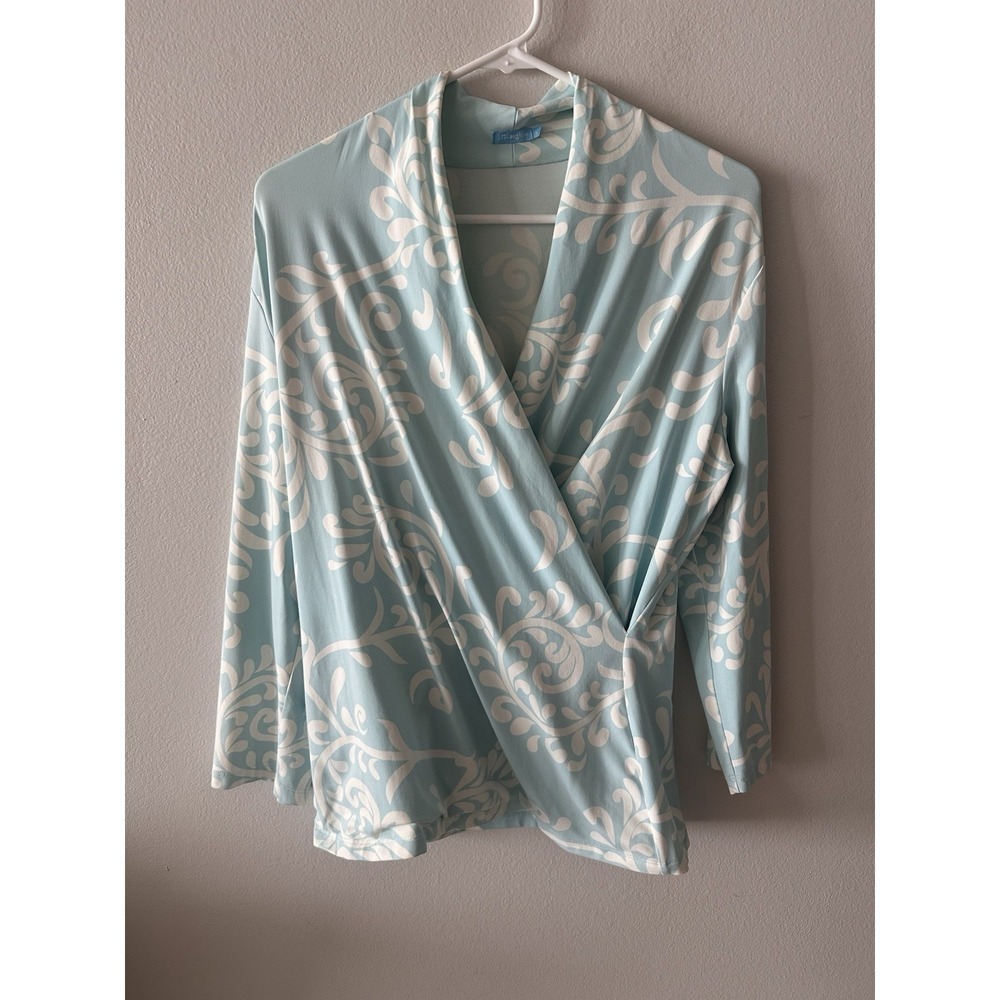 J. McLaughlin Catalina Med Cloth Surplice Faux Wrap Top Blue White Artsy Beach
